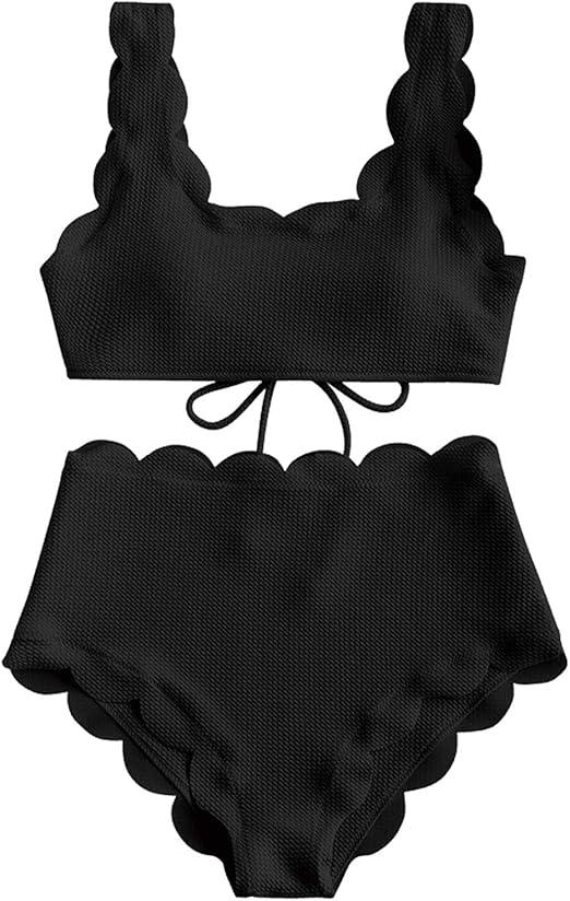 TSWRK Women's High Waist Bikini Vintage Scalloped Trim Two Piece Swimsuit, Black