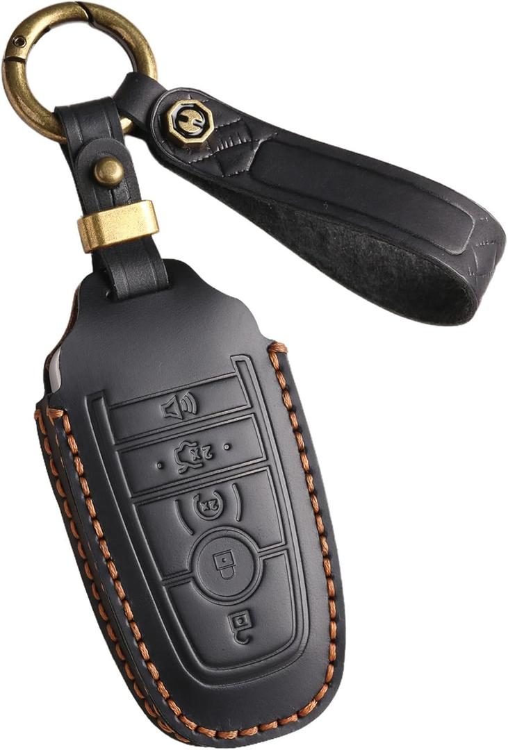 Genuine Leather Key Fob Cover Case for Ford F150 F250 F350 Edge Expedition Explorer Mustang Bronco Maverick Fusion, for Lincoln Nautilus Aviator Corsair Key Holder (Black)