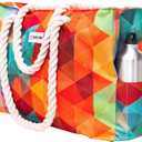 Beach Bag and Pool Bag Has Cooler Pocket, 7 Pockets Total, Zip Top. Family Size Waterproof Beach Tote (Colorful Starfish)