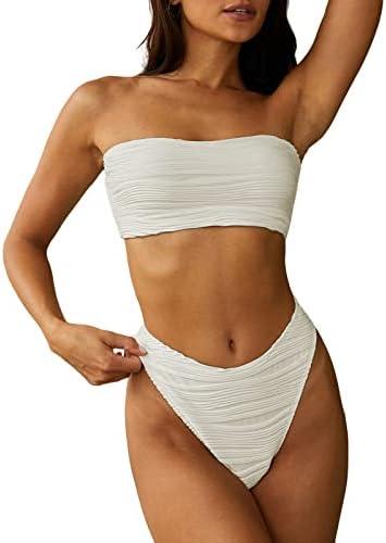 ZAFUL Women Strapless Textured Bandeau Bikini 2 Piece Swimwear Cheeky Solid Lace up Bathing Suits S