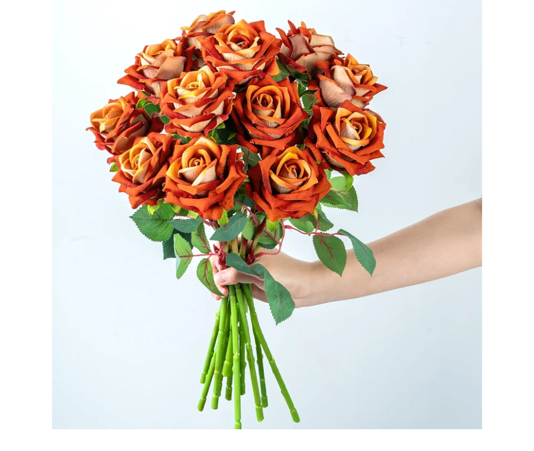 Ttranewsoo Fake Roses Faux Flowers Silk Roses Artificial Roses with Stems Realistic Artificial Flowers 16.5In Suitable for Indoor Home Decoration DIY Bouquet Wedding Decor Party Decor (Orange) 12PCS