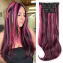 ALXNAN Clip in Hair Extensions,Thick Long Straight Layered Black Mix Rose Pink Highlights 20 Inch Soft Lace Weft Hair Extensions for Women