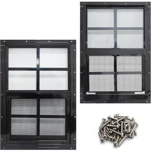 NeatiEase 2 Pack Shed Windows with Black Frame, 18x 23 Flush Mount Small Window with Tempered Glass and Fiberglass Screen for Shed, Chicken Coop, Playhouse, Household, Garage
