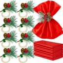 16 PCS Christmas Napkins and Rings Set 8 PCS Red Cloth Napkins & 8 PCS Christmas Napkin Rings Snowy Pine Cone Poinsettia Red Berry Wood Napkin Ring Holders Decor for Holiday Party Gathering Dinner (Middle)