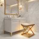 Modern Bathroom Vanity Stool Makeup Chair - Backless Leather Vanity Bench Seat with Metal X Legs, Small Ottoman Footstool for, Bedroom, Living Room, Dressing Room, Gold, 15"d X 17.7"w X 17.7"h