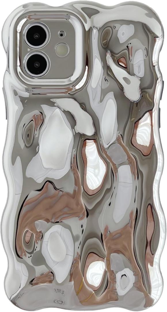 Caseative for iPhone 12 Case,Water Ripple Wave Meteorite Bubble Chrome Plating Electroplated Candy Phone Case (Silver)