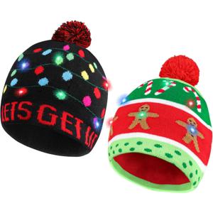Blowata Christmas Hat Light Up Christmas Knitted Beanie Hat, Cute Cartoon Design Xmas Knit Cap with 6 Colorful LED Lights