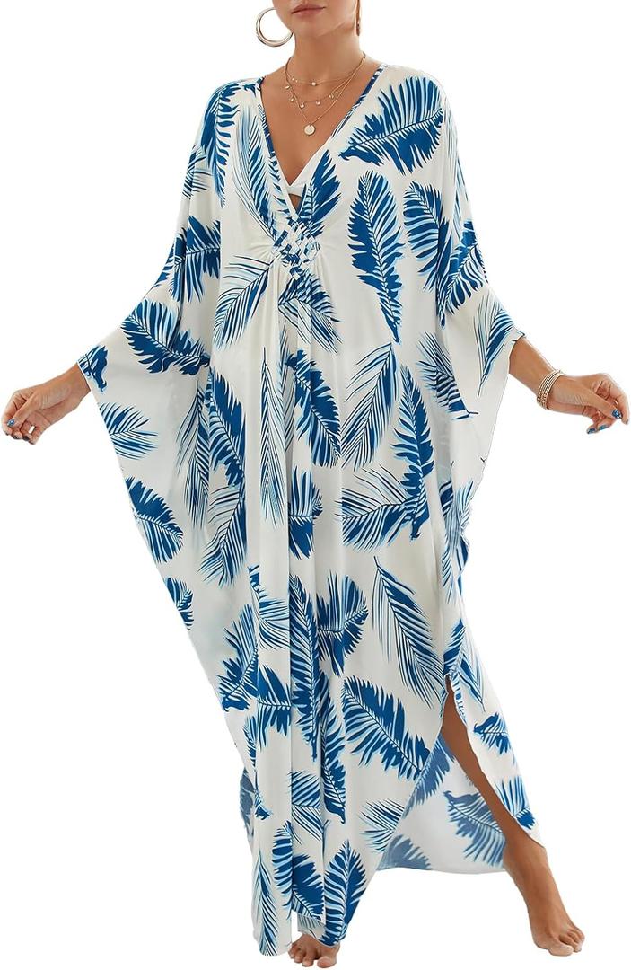 Women Animal Print Kaftan Dresses Plus Size Swimsuit Coverup 2025 Summer Bathing Suit Caftan Loungewear Beach Dress (Blue Leaves) One size