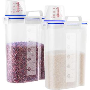 2 Pcs Set Rice Dispenser Storage Containers, 10 Lbs Small Rice Bucket with Measuring Cup & Pour Spout, Kitchen Plastic Airtight Container for Cereal, Grain, Flour, Sugar, Oatmeal, Dry Pet Dog Food (Blue-2)