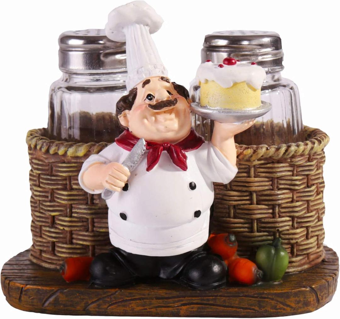 Salt and Pepper Shakers Set,Sitting Chef Decorative Statue Spice Organizer,Glass Spice Jars with Holder Figurine Gift for Family,Kitchen,Restaurant, Cafe,Bakery (Cake)