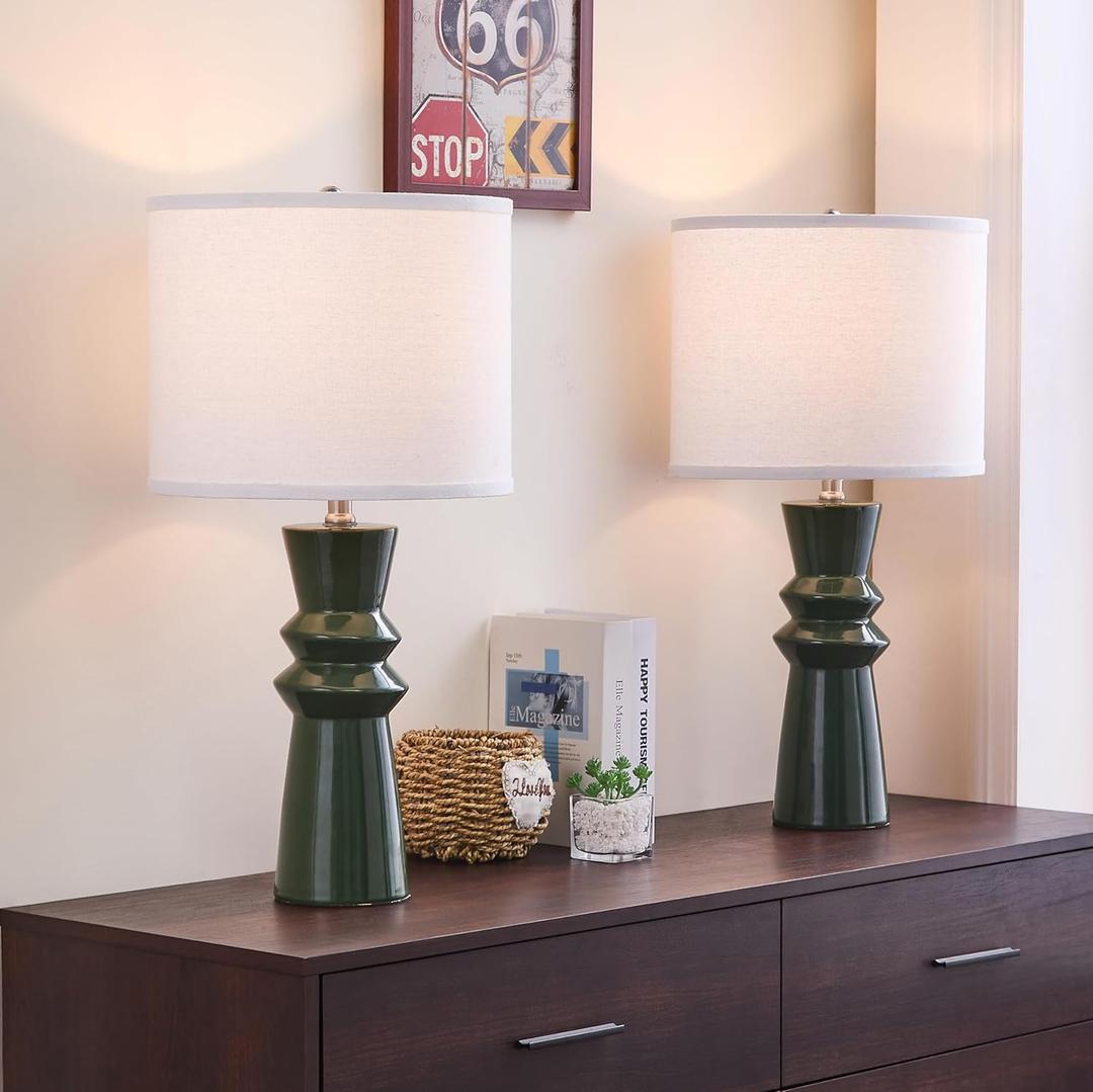 24.75" Green Lamps Set of 2 for Living Room, Ceramic Green Table Lamps for Bedroom Set of 2, Dark Green Bedside Lamp for Nightstand, Retro Table Lamp Set 2 for Buffet, Home Office