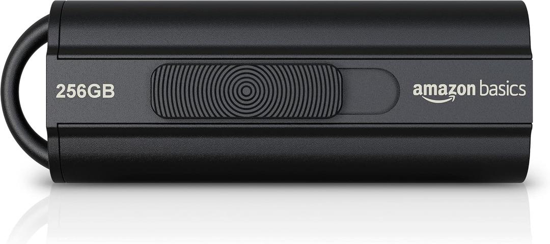 Amazon Basics 256 GB Ultra Fast USB 3.1 Flash Drive, High Capacity External Storage for Photos Videos, Retractable Design, 130MB/s Transfer Speed, Black
