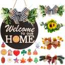 Interchangeable Welcome Sign for Front Door Decoration with 4 Seasonal Wreaths and 14 Holiday Icons, Black Welcome Door Hanger, Rustic Wooden Front Porch Sign Home dcorBlack