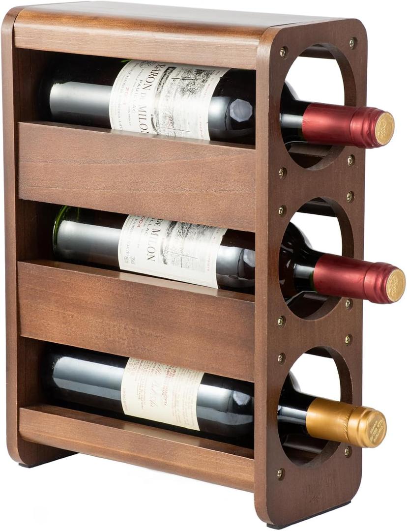 Wine Rack Countertop Pine Wood Wine Bottle Holder, 3 Bottles Wine Rack for Inside Cabinet, Pantry, Kitchen Bar, Wine Holder Shelf Vertical Wine Storage Perfect for Home Decor Housewarming Gifts