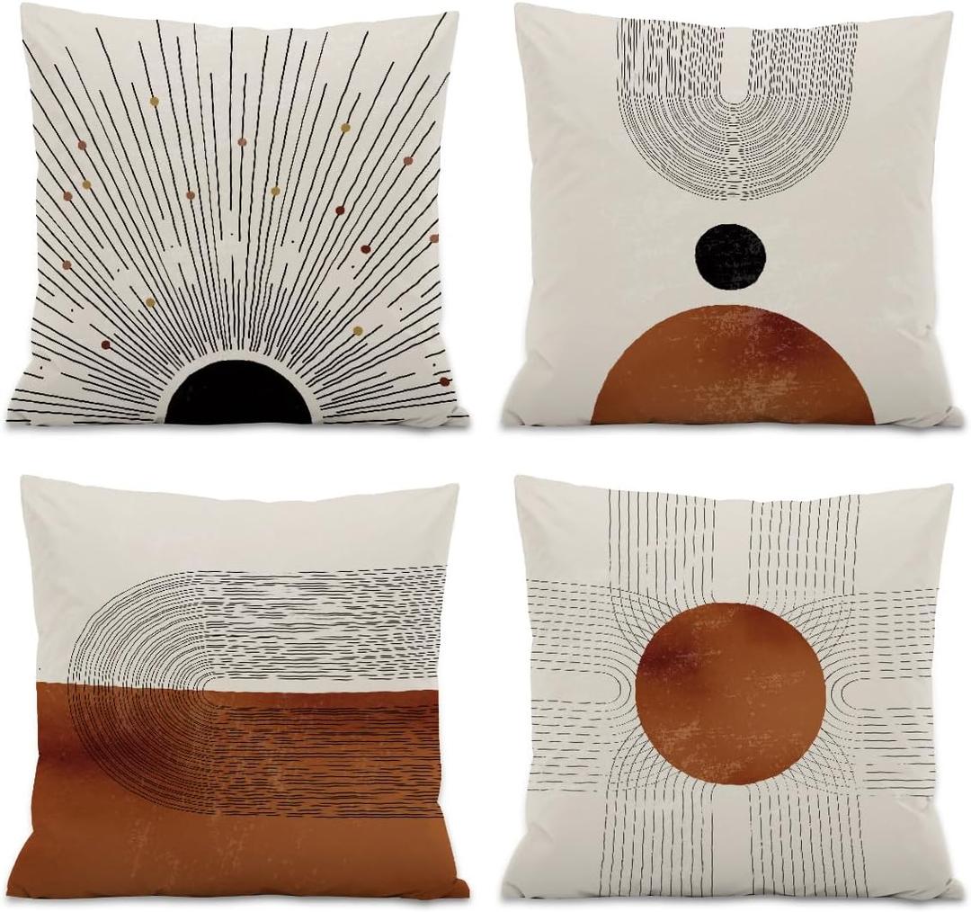 Abstract Minimalist Throw PillowCovers,Mid-Century Modern Geometric Sun Pillow Case Decor Set of 4,Bohemian Pillow Decorative for Home Living Room Bedroom Sofa,18x18 Inch