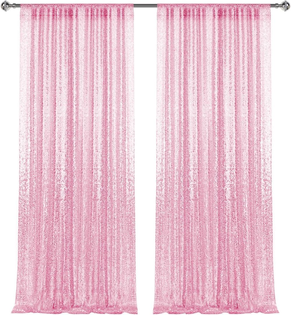 28FT-2PCS Pink Sequin Backdrop Curtains Panels, Photography Backdrop Glitter Curtains Fabric Background for Christmas Wedding Party Decor