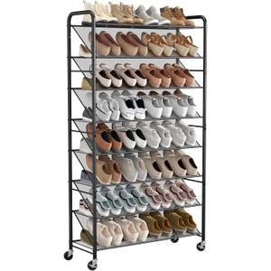 STORAGE MANIAC Tall Shoe Rack, 8 Tiers Shoe Organizer with Lockable Wheels for Entryway, Closet, Hallway, Double-Sided Vinyl Mesh Shelf Shoe Storage, Holds 60 Paris, Black