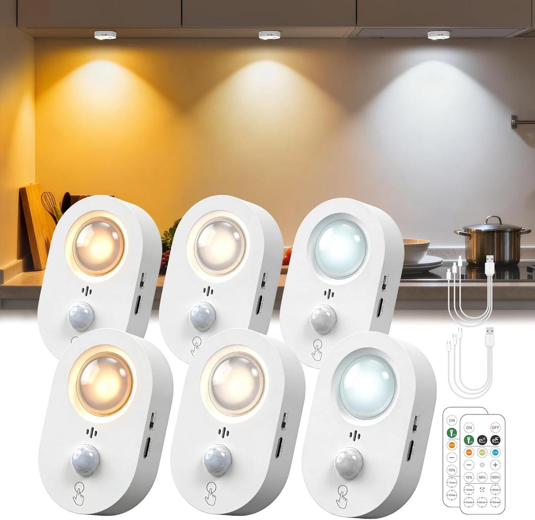 LOHAS 6-Pack Rechargeable Motion Sensor LED Puck Lights, Stick-On Wireless Magnetic Night Lights with Remote, Adjustable Brightness, Dimmable Under Counter Lights for Drawer, Kitchen, Bedroom, White
