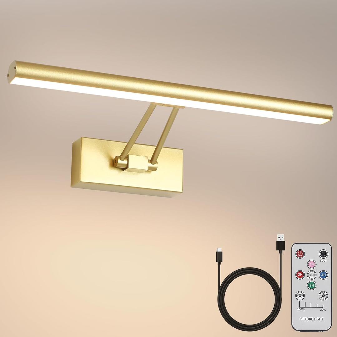 Picture Light, 17.5 inches Art Light, Battery Operated Picture Light, 3CCT Picture Lights for Wall, Battery Operated Wall Lights, Gallery Light with Remote for Wall Display, Photo, Library Gold