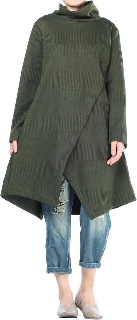 Minibee Women's Long Sleeves Dress Cowl Neck Pullovers Irregular Hem Sweater Dress with Pockets (XX-Large, Army Green)