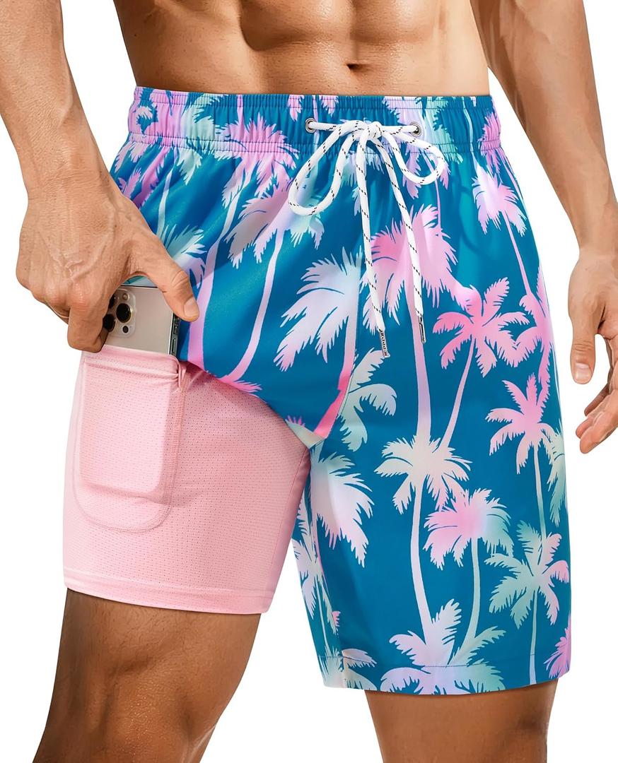 Gleeease Mens Swim Trunks with Compression Liner Mens Bathing Suit 7 Inch Inseam Zipper Pocket Quick Dry Stretch Palm Tree (Blue, M)