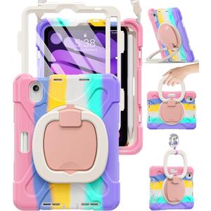 BRAECN Kids Case for iPad mini 7 (A17 Pro) 2024/iPad Mini 6th Gen 8.3'' 2021 A2567/A2568/A2569, Silicone Cover w/Screen Protector, Handle Grip, Kickstand, Shoulder Strap, Pencil Holder, Colorful Pink