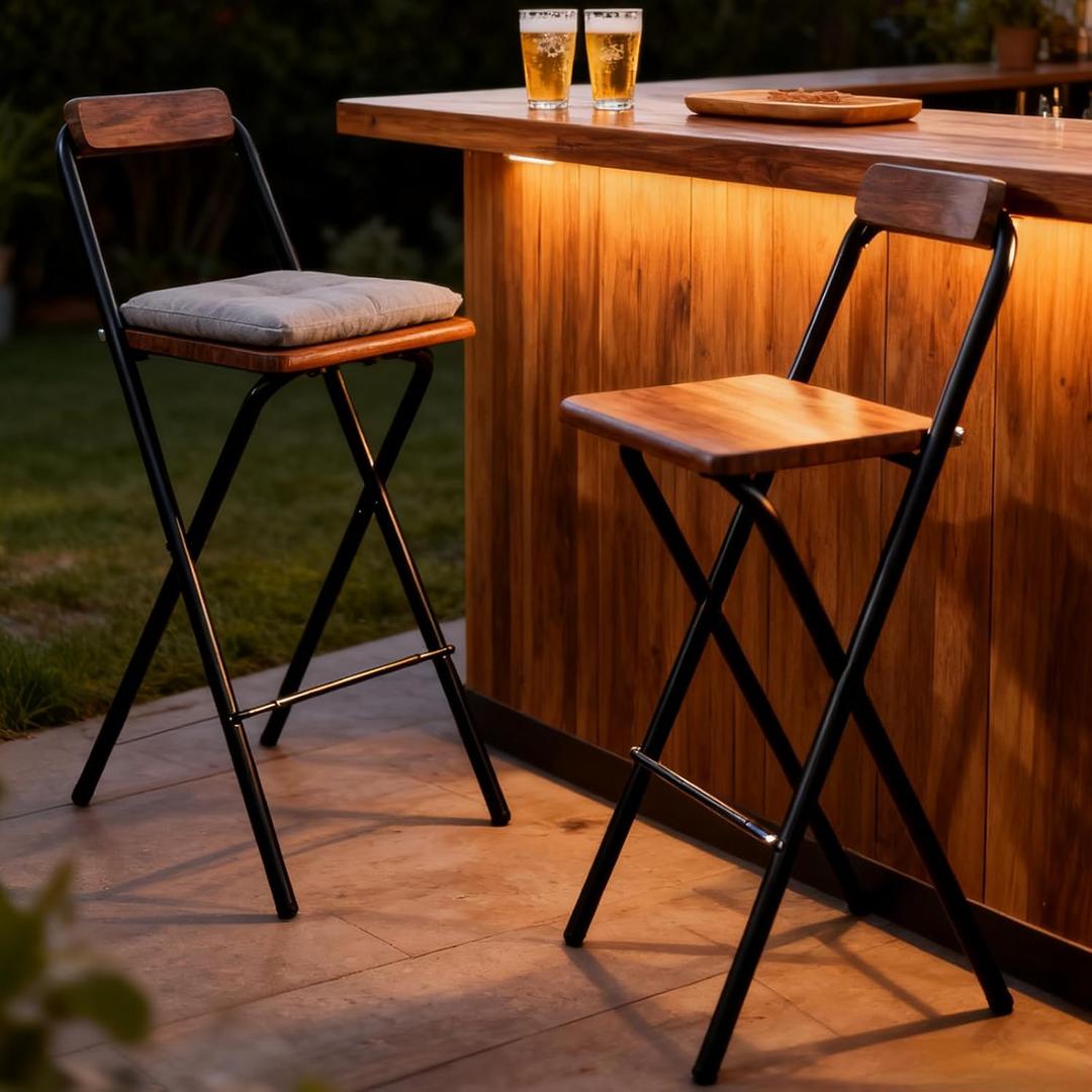 Sintuff 2 Pcs Folding Bar Stool with Backrest 29.5 Inch Portable Tall Foldable Stool Chair Metal High Folding Bar Chair Wooden Seat for Bars, Kitchen, Outdoor Shop, Parties, Cafes Walnut Color