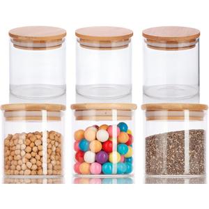 JUVITUS 10 oz Clear Glass Borosilicate Jar with Bamboo Silicone Sealed Lid (6 Pack) Nuts Spice or Kitchen Storage