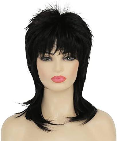Amnenl Mullet Wig for Women Black Shoulder Length Shaggy Layered Wig Curly 80s Wigs Heat Resistant Cosplay Daily Hair Wigs (Black)