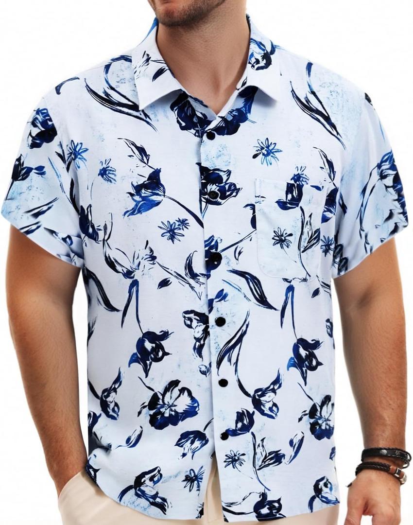 TUNEVUSE Mens Short Sleeve Hawaiian Shirts Button Down Aloha Tropical Shirt Casual Beach Clothes, XL