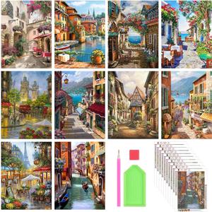 Stalente Diamond Painting Kits for Adults, 10 Pack 5D Diamond Art Kits for Beginners Round Full Drill Diamond Painting for Home Wall Decoration Gift 12×16inch, Street Landscape