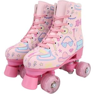 XUDREZ Roller Skates for Girls, Cute Light-up 4 Wheels Kids Skates, High-top PU Leather Rollerskates Perfect Indoor Outdoor Double Row Roller Skates (33-Youth 2/ Women's 3.5/ Men's 3, Pink Print)
