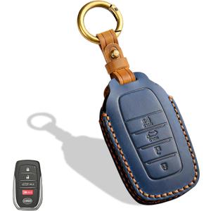 Leather Key Fob Cover, Compatible with Toyota Tundra Corolla Cross Venza Sequoia Highlander Avalon RAV4 Camry C-HR Prius, No Screw Design Key Holder Protector(4 Button, Blue)