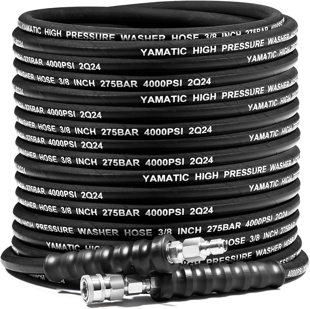 YAMATIC 3/8" Pressure Washer Hose 100FT with Stainless Steel Swivel Quick Connector, 4000 PSI Commercial Grade Steel Wire Braided & Rubber Jacket, Kink Resistant Hot Water Power Washer Hose Max 212F
