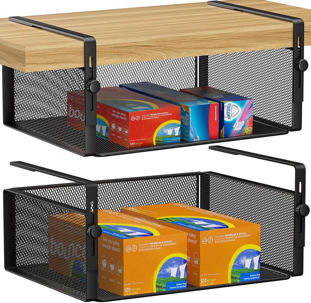 2Pack Under Shelf Basket Organizer,Adjustable Hanging Holder for Cabinet Pantry Kitchen Cupboard Desk Counter Bookshelf Organization Add-on Space Saver Heavy Duty Slide-in (Black, Large)