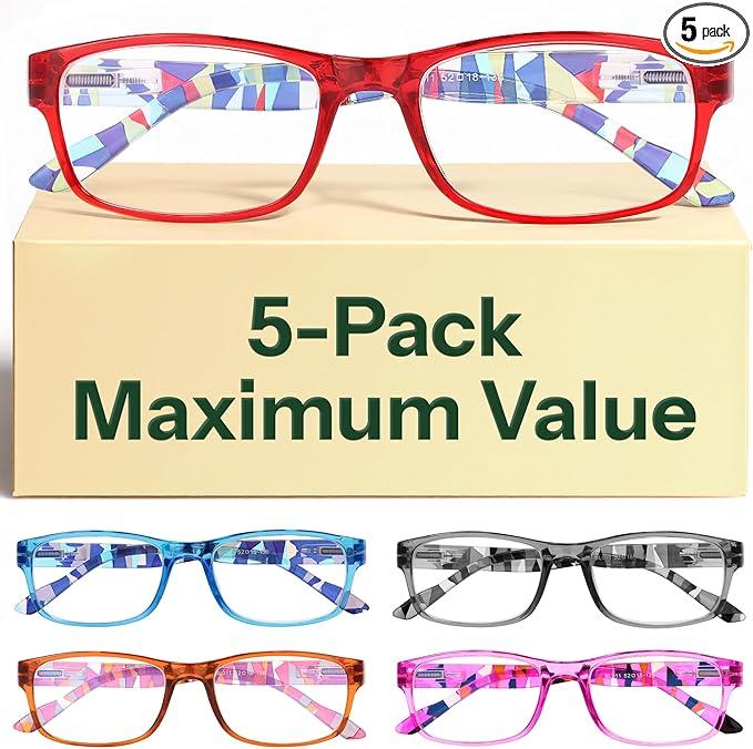 Gaoye 5-Pack Reading Glasses Blue Light Blocking, Spring Hinge Readers for Women Men Anti Glare Filter Lightweight Eyeglasses (5-Pack Mix Color 3,1.0)