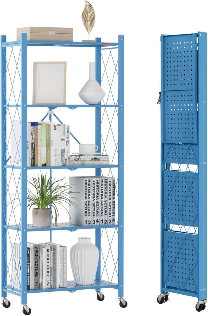 DEANIC 5-Shelf Folding Bookcase with Wheels, Heavy Duty Storage Shelves, Freestanding Metal Wire Shelving Unit for Living Room, Office, Kitchen, Basement, Pantry(Blue), Compact 5 tier