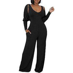 ECHOINE Womens V Neck Wide Leg Jumpsuits with Pockets Ribbed Long Sleeve Coat Pants 2 Piece Sets Outfits L