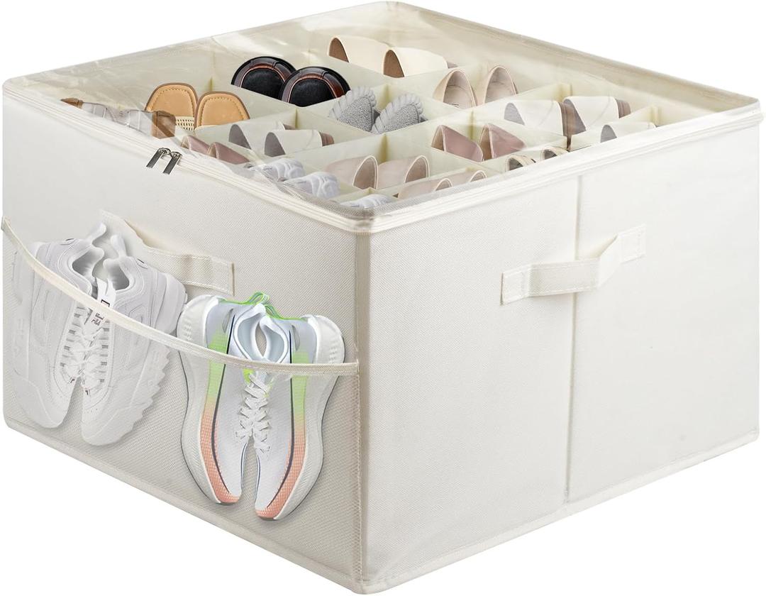 Fabric Shoe Bins with Side Mesh Pocket, Foldable Shoe Storage Organizer Box with Adjustable Dividers Clear Cover Handles Zippers, Stackable Storage Container Box for Closet, Max 16 Pairs, Beige