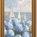 Gold Framed Vintage Coastal Hydrangea Canvas Wall Art Coastal Sailboat Painting Picture Wall Decor Seaside Summer Poster Print Artwork for Bedroom Living Room Bathroom Home Decoration 12x16in