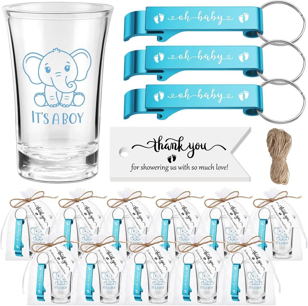 Vesici 25 Sets Baby Shower Party Favors for Guests Elephant Acrylic Shot Glasses Cute Bottle Opener Keychains Thank You Tags Bags for Baby Shower Gender Reveal Birthday Party Guests Return Gift (Boy)