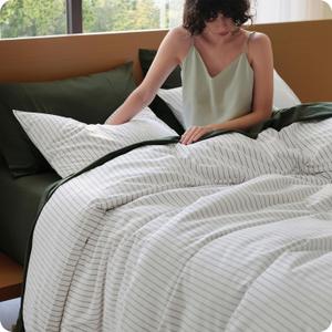 Bedsure Striped Duvet Cover Queen, 100% Washed Cotton Duvet Cover LinenLike, PureWoven with Reversible YarnDyed Design & DoubleStitch Craft, 3-Piece with Zipper Closure, Stripes White, 90"x90"