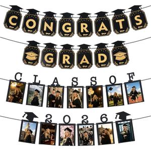 Congrats Grad & Class of 2026 Graduation Photo Banner for Party Decoration, Graduation Picture Display, Black and Gold Congratulations Graduate Banner