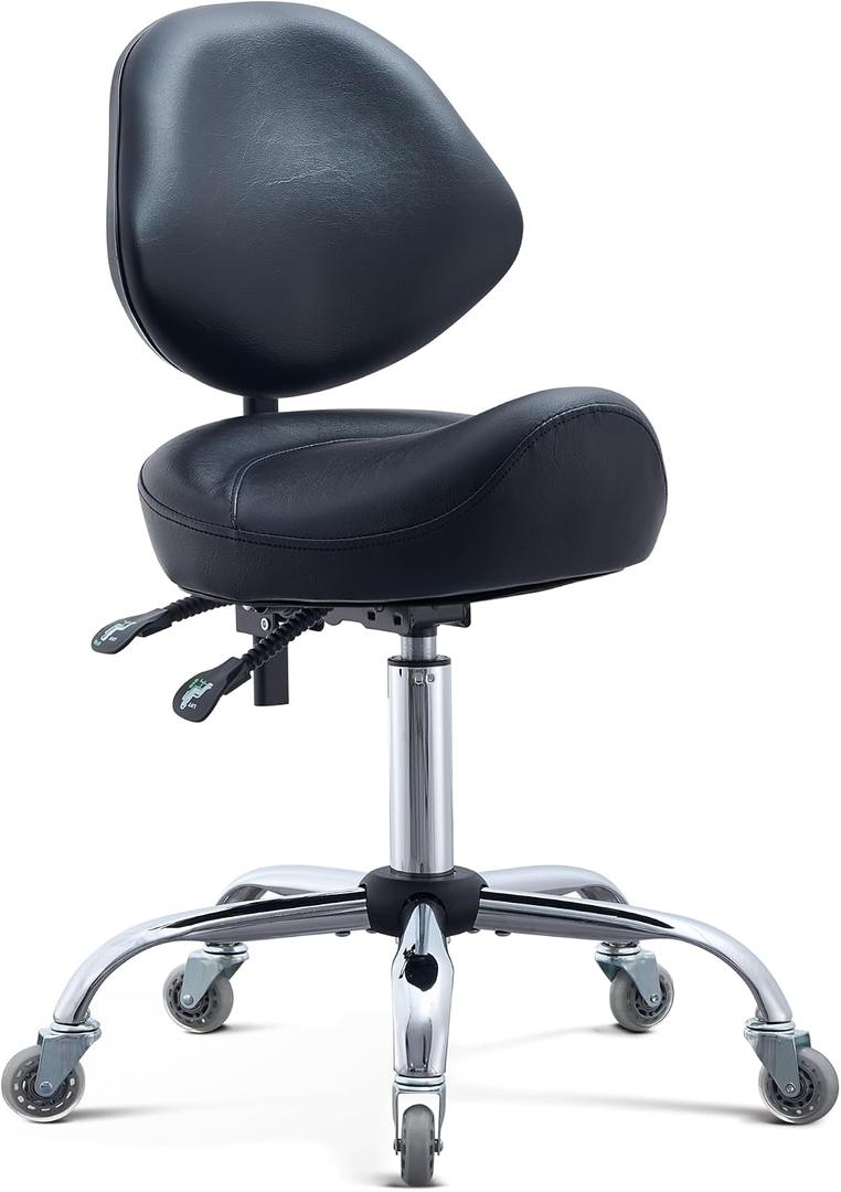 Saddle Stool with Adjustable Lumbar Support - Heavy Duty 400LB Hydraulic Rolling Stool Chair with Backrest, 19"-25" Height Adjustable with Quiet Wheels for Salon, Dental, Tattoo, Massage, Home Office