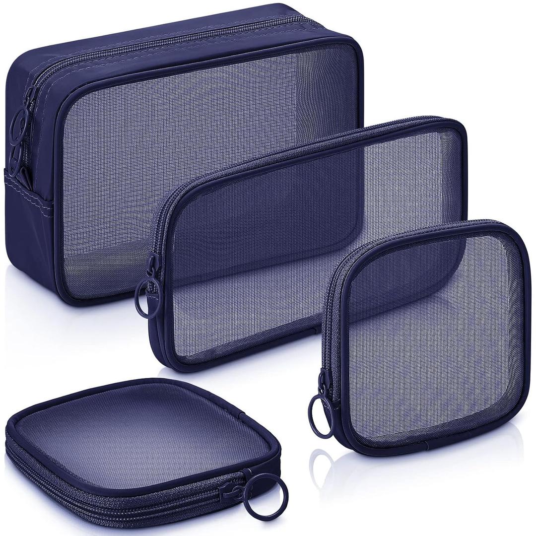 Weewooday 4 Pcs Mesh Makeup Bag Mesh Cosmetic Bag Travel Toiletry Pouch with Zipper Mini Makeup Cosmetic Purse for Daily Accessory(Small, Large, Medium,Navy Blue)