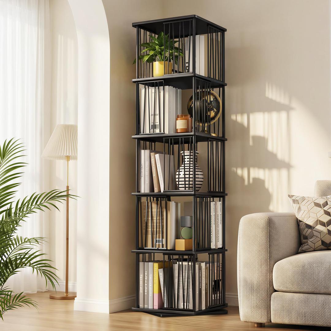 Aylenic Black Rotating Bookshelf Tower 360° 5 Tier Tall Revolving Bookcase