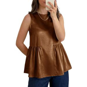 Tankaneo Womens Silk Satin Tank Tops Summer Dressy Casual Babydoll Sleeveless Shirts Peplum Pleated Loose Fit Blouses (Brown)