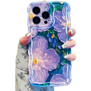 UEEBAI Case for iPhone 15 Pro Max, Colorful Retro Oil Painting Flower Case Pretty Glossy Pattern Wave Cover Cute Sparkly Floral Curly Cover Stylish Shell for Women Girl, Purple Flower