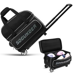SOGUKOER 2 Bowling ball Bag with Wheels, Lightweight Trolley Double Ball Bowling bag with Large Separate Shoe Compartment and Oversized Accessory Pocket, Retractable Handle Extends To 39.5"