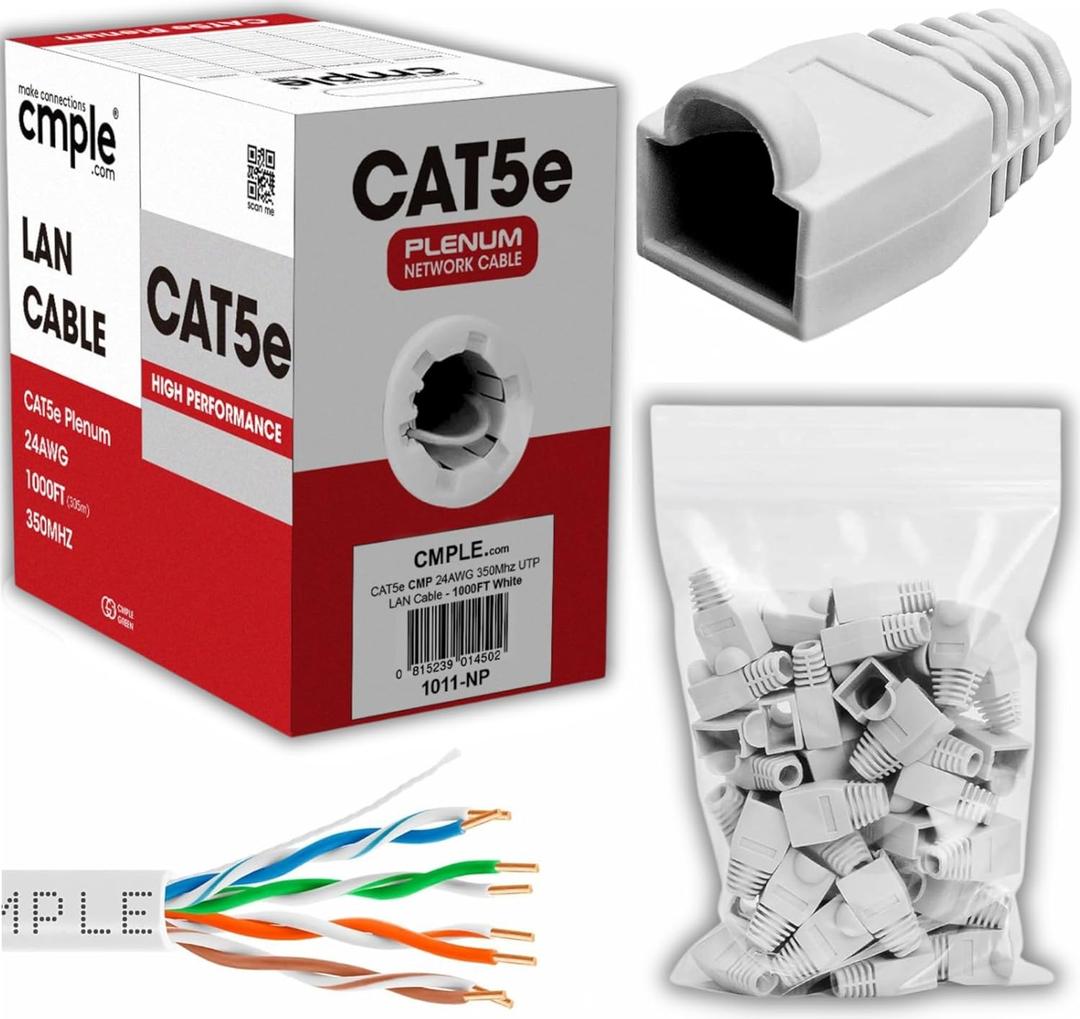 Cmple - White Cat5e Ethernet Cable 1000ft Bulk Unshielded Twisted Pair (UTP), Solid 24AWG + 50 Pack White RJ45 Strain Relief Boots for Ethernet RJ45 LAN Cable Bundle